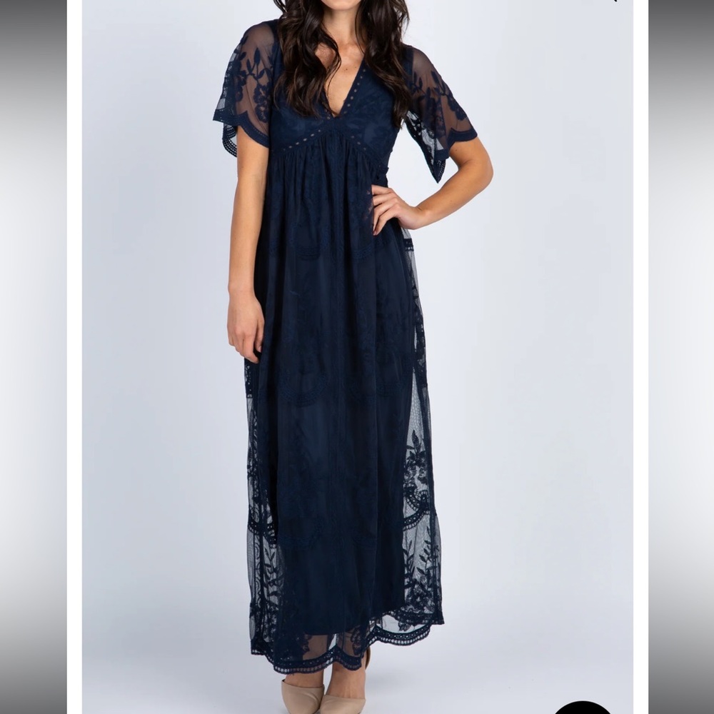 PinkBlush Navy Blue Lace Mesh Overlay Maxi Dress